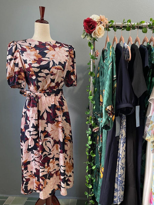 Floral Print Bubble Sleeve Midi A Line Dress